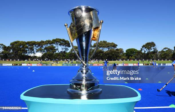 The Test Series Trophy before game 1 of the International Hockey Test Series between Australia and India at MATE Stadium on November 26, 2022 in...