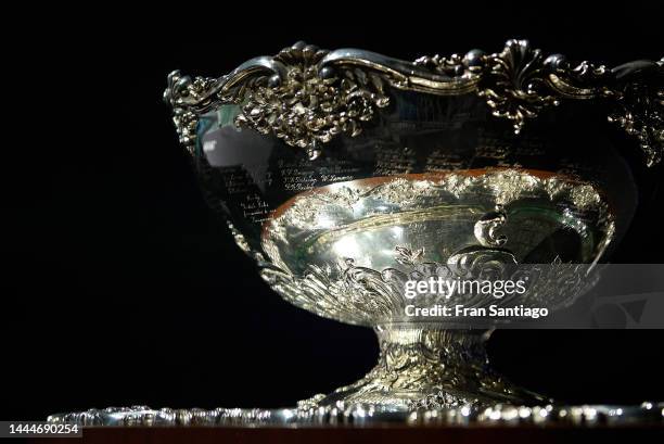 Davis Cup trophy is seen prior to the Davis Cup by Rakuten Finals 2022 Semifinal match between Italy and Canada at Palacio de los Deportes Jose Maria...