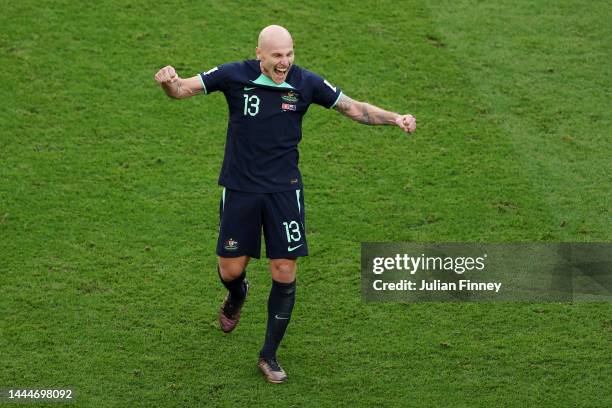 Aaron Mooy of Australia celebrates after the 1-0 win during the FIFA World Cup Qatar 2022 Group D match between Tunisia and Australia at Al Janoub...