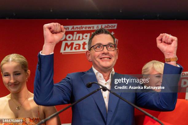 Victorian Premier Daniel Andrews celebrates during his victory speech at the Labour election party in his seat of Mulgrave on November 26, 2022 in...