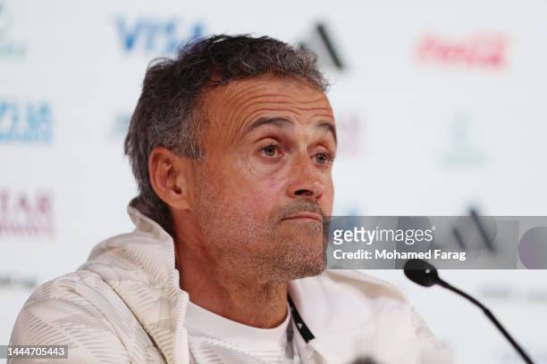 Luis Enrique, Head Coach of Spain, speaks during the Spain Press Conference at the Main Media Center on November 26, 2022 in Doha, Qatar.