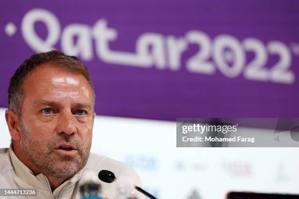 Hansi Flick, Head Coach of Germany, speaks during the Germany Press Conference at the Main Media Center on November 26, 2022 in Doha, Qatar.