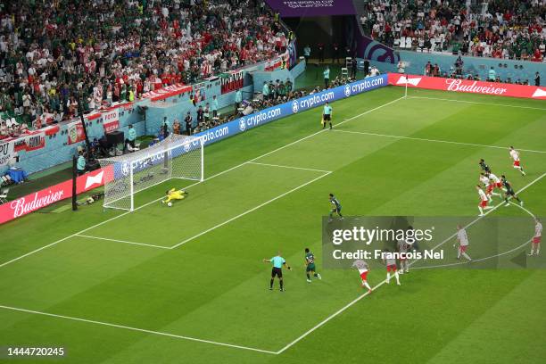 Salem Al-Dawsari of Saudi Arabia takes a penalty saved by Wojciech Szczesny of Poland during the FIFA World Cup Qatar 2022 Group C match between...