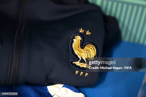 Detail of the French Football Federation logo in the dressing room of France prior to the FIFA World Cup Qatar 2022 Group D match between France and...