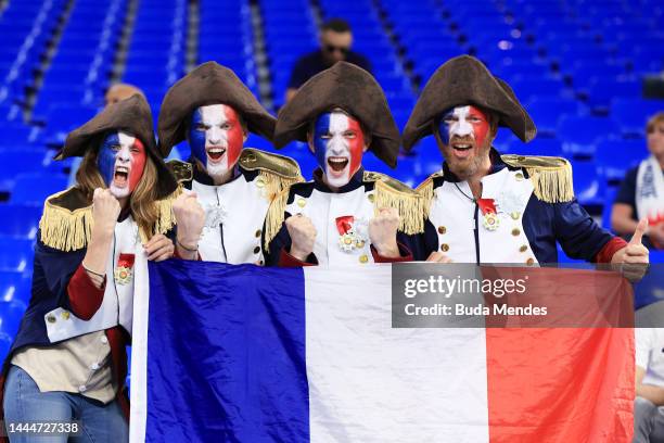 France fans enjoy the pre match atmosphere prior to the FIFA World Cup Qatar 2022 Group D match between France and Denmark at Stadium 974 on November...
