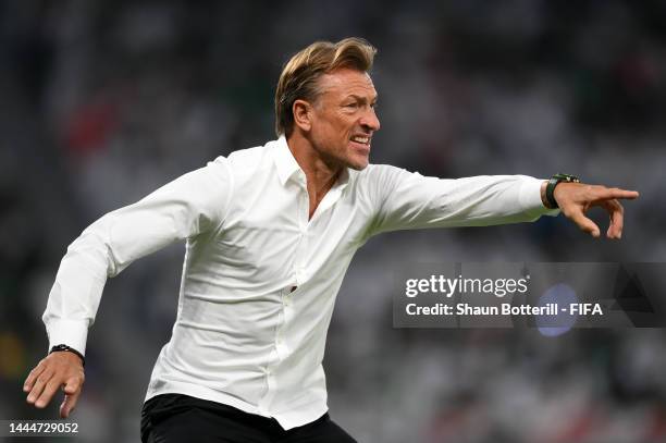 Herve Renard, Head Coach of Saudi Arabia, reacts during the FIFA World Cup Qatar 2022 Group C match between Poland and Saudi Arabia at Education City...