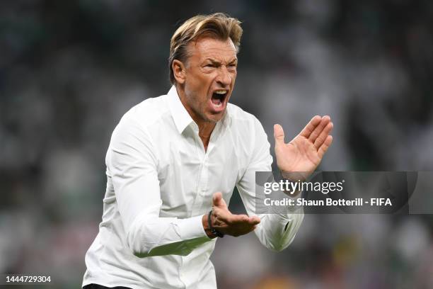 Herve Renard, Head Coach of Saudi Arabia, reacts during the FIFA World Cup Qatar 2022 Group C match between Poland and Saudi Arabia at Education City...