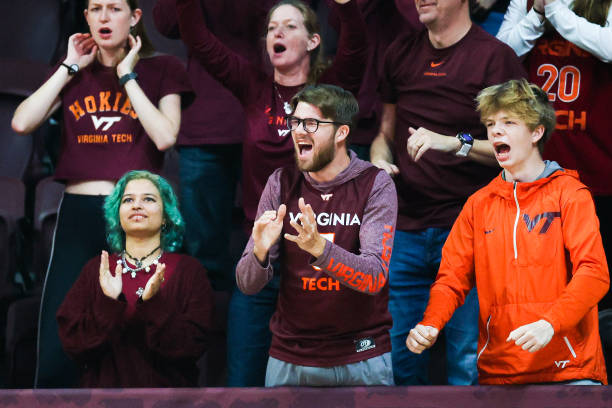 Virginia Tech Hokies fans cheer during the second of half of the game against the Charleston Southern Buccaneers at Cassell Coliseum on November 25,...