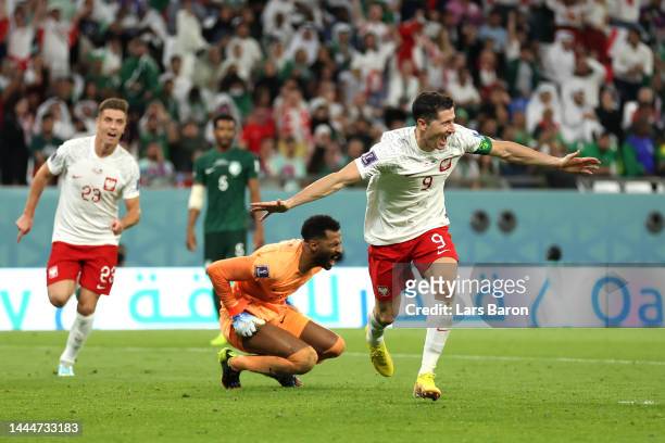 Robert Lewandowski of Poland celebrates after scoring their team's second goal during the FIFA World Cup Qatar 2022 Group C match between Poland and...