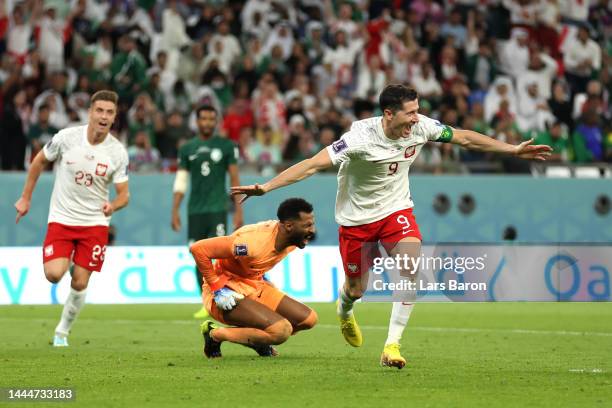 Robert Lewandowski of Poland celebrates after scoring their team's second goal during the FIFA World Cup Qatar 2022 Group C match between Poland and...