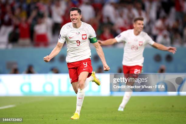 Robert Lewandowski of Poland celebrates after scoring their team's second goal during the FIFA World Cup Qatar 2022 Group C match between Poland and...