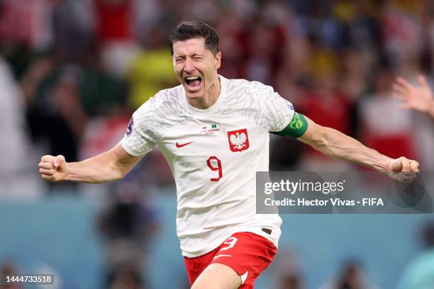 Robert Lewandowski of Poland celebrates after scoring their team's second goal during the FIFA World Cup Qatar 2022 Group C match between Poland and...