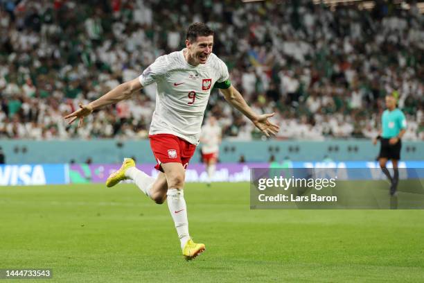 Robert Lewandowski of Poland celebrates after scoring their team's second goal during the FIFA World Cup Qatar 2022 Group C match between Poland and...