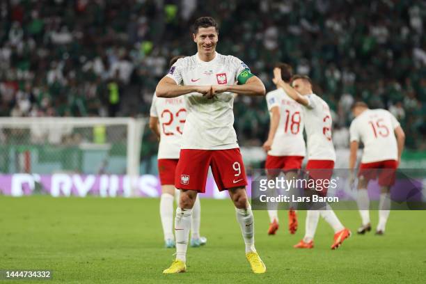 Robert Lewandowski of Poland celebrates after scoring their team's second goal during the FIFA World Cup Qatar 2022 Group C match between Poland and...