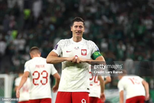 Robert Lewandowski of Poland celebrates after scoring their team's second goal during the FIFA World Cup Qatar 2022 Group C match between Poland and...