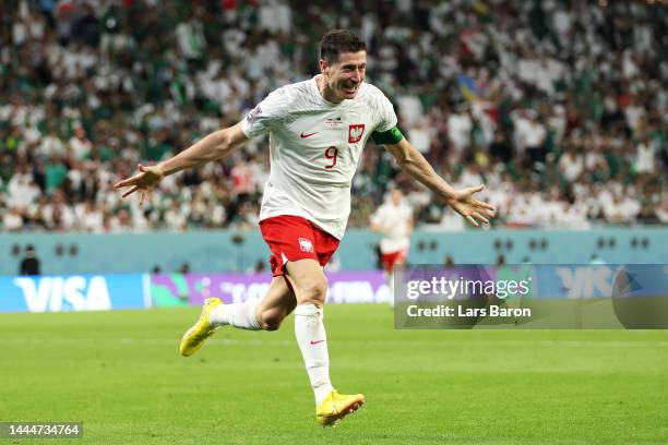 Robert Lewandowski of Poland celebrates after scoring their team's second goal during the FIFA World Cup Qatar 2022 Group C match between Poland and...