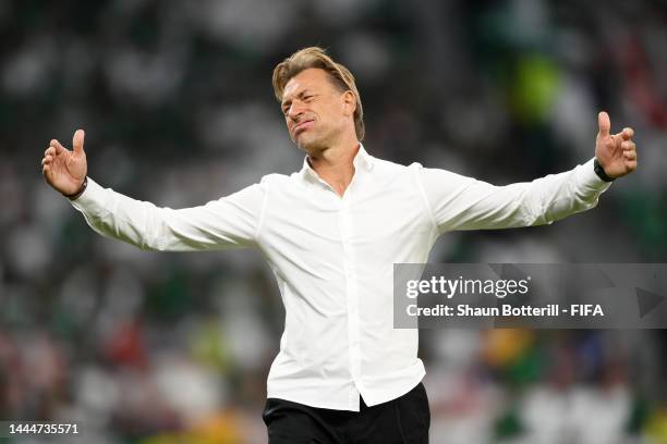 Herve Renard, Head Coach of Saudi Arabia, reacts during the FIFA World Cup Qatar 2022 Group C match between Poland and Saudi Arabia at Education City...