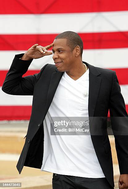 Jay-Z attends a press conference on the steps of the Philadelphia Museum of Art to announce that he will headline the 'Budweiser Made In America' Two...