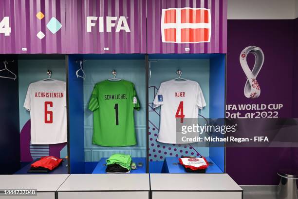 The shirts of Andreas Christensen, Kasper Schmeichel and Simon Kjaer of Denmark are seen in the dressing room prior to the FIFA World Cup Qatar 2022...
