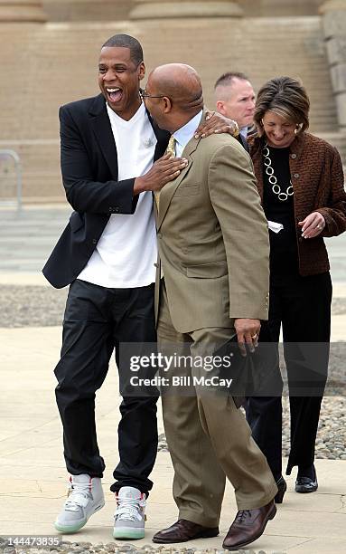 Jay-Z and Philadelphia Mayor Michael Nutter attend a press conference on the steps of the Philadelphia Museum of Art to announce that Jay-Z will...