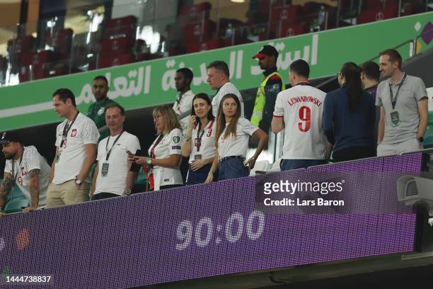 Anna Lewandowska, partner of Robert Lewandowski of Poland, reacts after the 2-0 win during the FIFA World Cup Qatar 2022 Group C match between Poland...