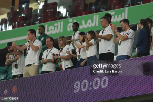 Anna Lewandowska, partner of Robert Lewandowski of Poland, reacts after the 2-0 win during the FIFA World Cup Qatar 2022 Group C match between Poland...