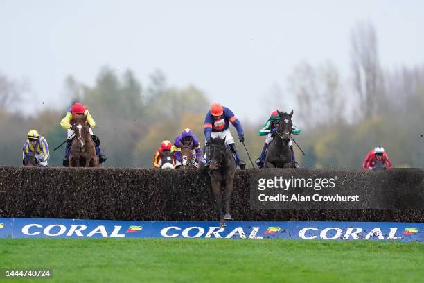 Harry Skelton riding Le Milos clear the last to win The Coral Gold Cup Handicap Chase at Newbury Racecourse on November 26, 2022 in Newbury, England.