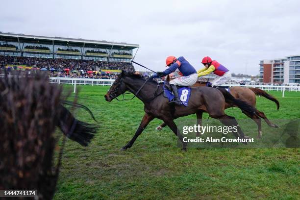 Harry Skelton riding Le Milos clear the last to win The Coral Gold Cup Handicap Chase at Newbury Racecourse on November 26, 2022 in Newbury, England.