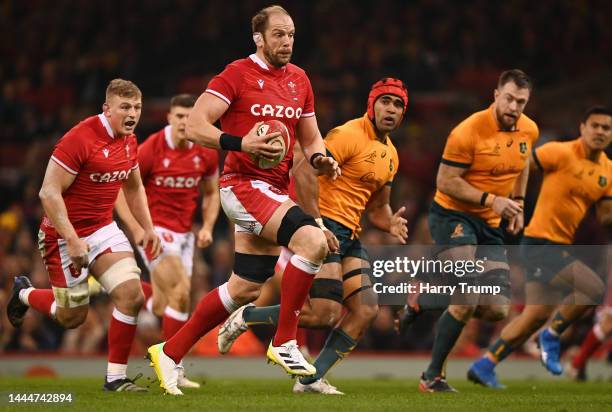 Alun Wyn Jones of Wales breaks with the ball during the Autumn International match between Wales and Australia at Principality Stadium on November...