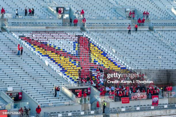 View of the bleachers with a crossed out Michigan 'M' is seen before a college football game between the Ohio State Buckeyes and the Michigan...