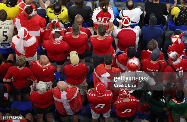 Denmark fans enjoy the pre match atmosphere prior to the FIFA World Cup Qatar 2022 Group D match between France and Denmark at Stadium 974 on...