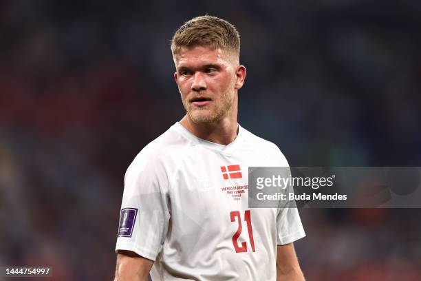 Andreas Cornelius of Denmark looks on during the FIFA World Cup Qatar 2022 Group D match between France and Denmark at Stadium 974 on November 26,...