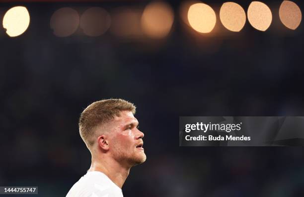 Andreas Cornelius of Denmark looks on during the FIFA World Cup Qatar 2022 Group D match between France and Denmark at Stadium 974 on November 26,...