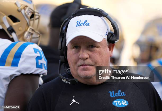 Head coach Chip Kelly of the UCLA Bruins looks on from the sidelines against the California Golden Bears during the second quarter of an NCAA...