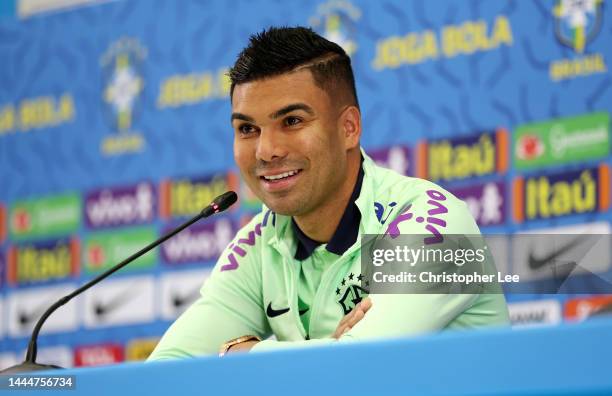 Casemiro of Brazil reacts during the Brazil Press Conference at the Main Media Center on November 26, 2022 in Doha, Qatar.