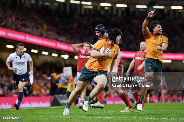 Lachlan Lonergan of Australia goes over to score their side's fourth try during the Autumn International match between Wales and Australia at...