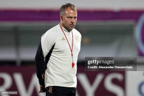 Hans-Dieter Flick, head coach of Germany looks on during the Germany Training Session on match day-1 at at Al Shamal Stadium on November 26, 2022 in...