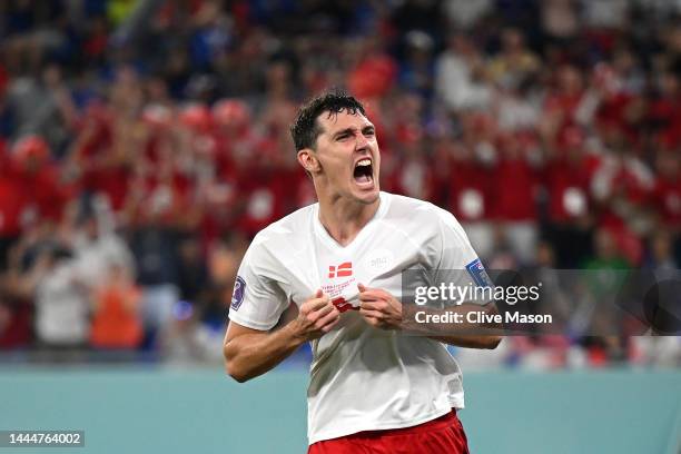 Andreas Christensen of Denmark celebrates after scoring their team's first goal during the FIFA World Cup Qatar 2022 Group D match between France and...