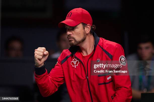 Frank Dancevic, captain of Canada celebrates during the Davis Cup by Rakuten Finals 2022 Semifinal match between Italy and Canada at Palacio de los...