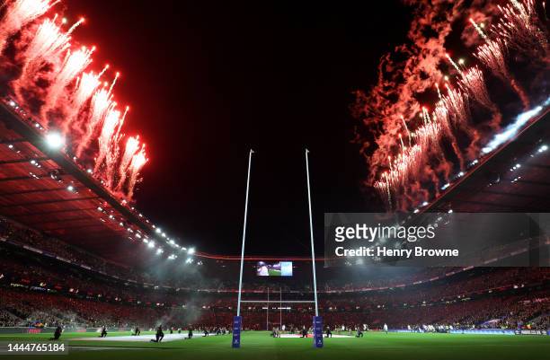 General view inside the stadium as fireworks are set off prior to the Autumn International match between England and South Africa at Twickenham...
