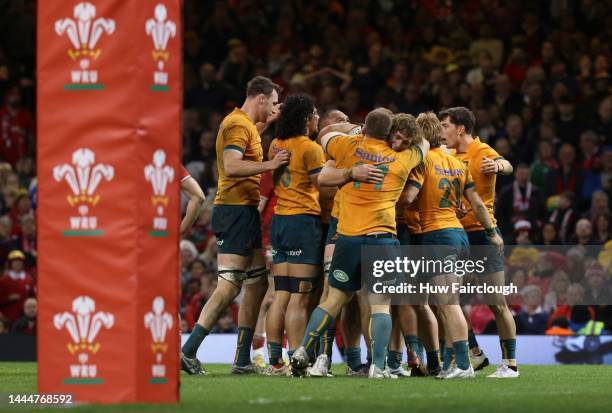 The Australian team celebrates after winning the Autumn International match between Wales and Australia at Principality Stadium on November 26, 2022...