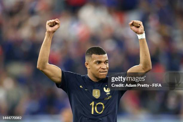 Kylian Mbappe of France celebrates after the 2-1 win during the FIFA World Cup Qatar 2022 Group D match between France and Denmark at Stadium 974 on...
