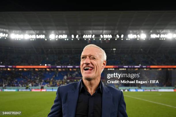 Didier Deschamps, Head Coach of France, reacts after the 2-1 win during the FIFA World Cup Qatar 2022 Group D match between France and Denmark at...