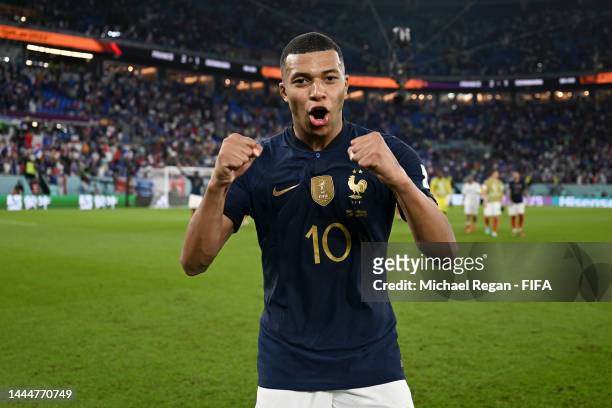 Kylian Mbappe of France celebrates after the 2-1 win during the FIFA World Cup Qatar 2022 Group D match between France and Denmark at Stadium 974 on...