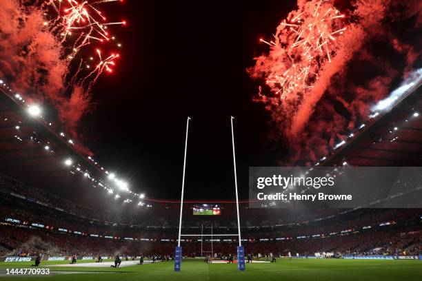 General view inside the stadium as fireworks are set off prior to the Autumn International match between England and South Africa at Twickenham...