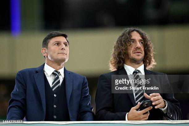 Javier Zanetti and Carles Puyol are seen prior to the FIFA World Cup Qatar 2022 Group C match between Argentina and Mexico at Lusail Stadium on...