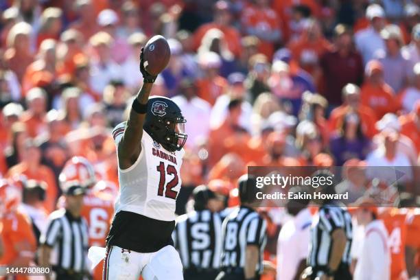 Anthony Rose of the South Carolina Gamecocks celebrates recovering a Clemson Tigers second quarter fumble at Memorial Stadium on November 26, 2022 in...