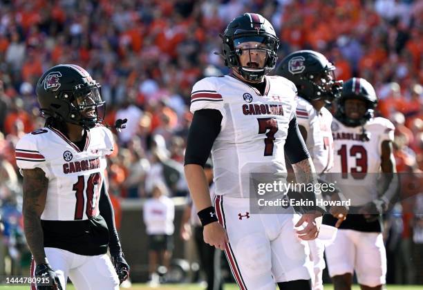 Spencer Rattler of the South Carolina Gamecocks celebrates a second quarter touchdown against the Clemson Tigers at Memorial Stadium on November 26,...