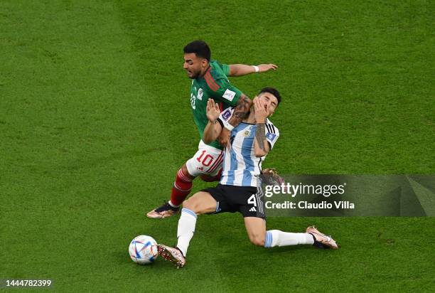 Alexis Vega of Mexico and Gonzalo Montiel of Argentina compete for the ball during the FIFA World Cup Qatar 2022 Group C match between Argentina and...