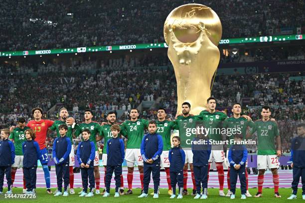 Mexico players line up for the national anthem prior to the FIFA World Cup Qatar 2022 Group C match between Argentina and Mexico at Lusail Stadium on...